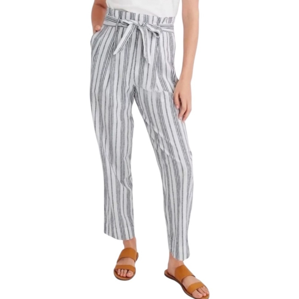 Madewell‎ Linen Cotton Paperbag Waist Striped Pants Size 12 Nautical Beachy